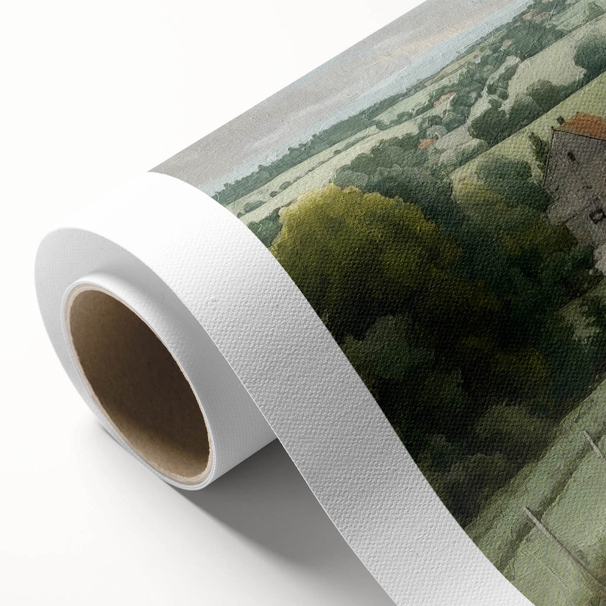 Landscape wall art canvas print depicting a serene countryside scene with rolling hills and a vibrant sunset, rolled for easy shipping and display.