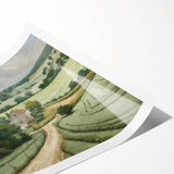 Vibrant landscape wall art print showcasing a serene countryside scene with lush greenery and rolling hills, rolled for easy storage and display. Perfect for enhancing home decor.