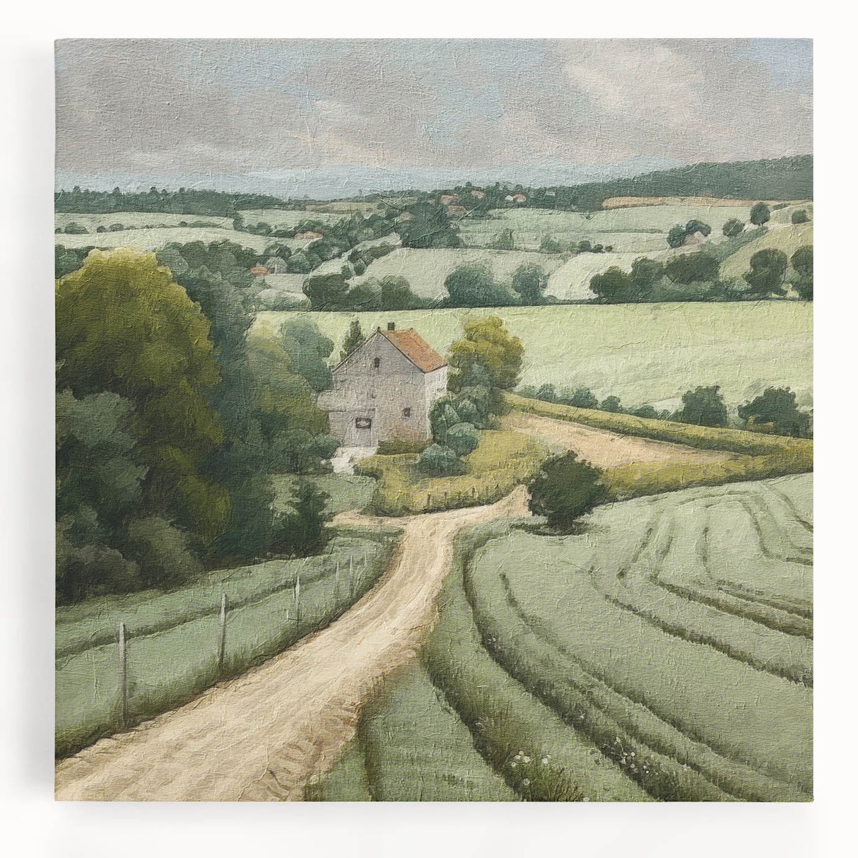 Stretched canvas wall art showcasing a serene countryside landscape with rolling hills and vibrant greenery, perfect for adding a calming touch to home decor.