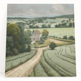 Stretched canvas artwork depicting a serene countryside landscape, showcasing lush green fields, rolling hills, and a vibrant blue sky, ideal for home decor.