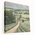 Stretched canvas wall art showcasing a serene countryside landscape with vibrant greens and soft blue skies, perfect for home decor in any setting.