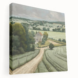 Stretched canvas wall art showcasing a serene countryside landscape with vibrant greens and soft blue skies, perfect for home decor in any setting.