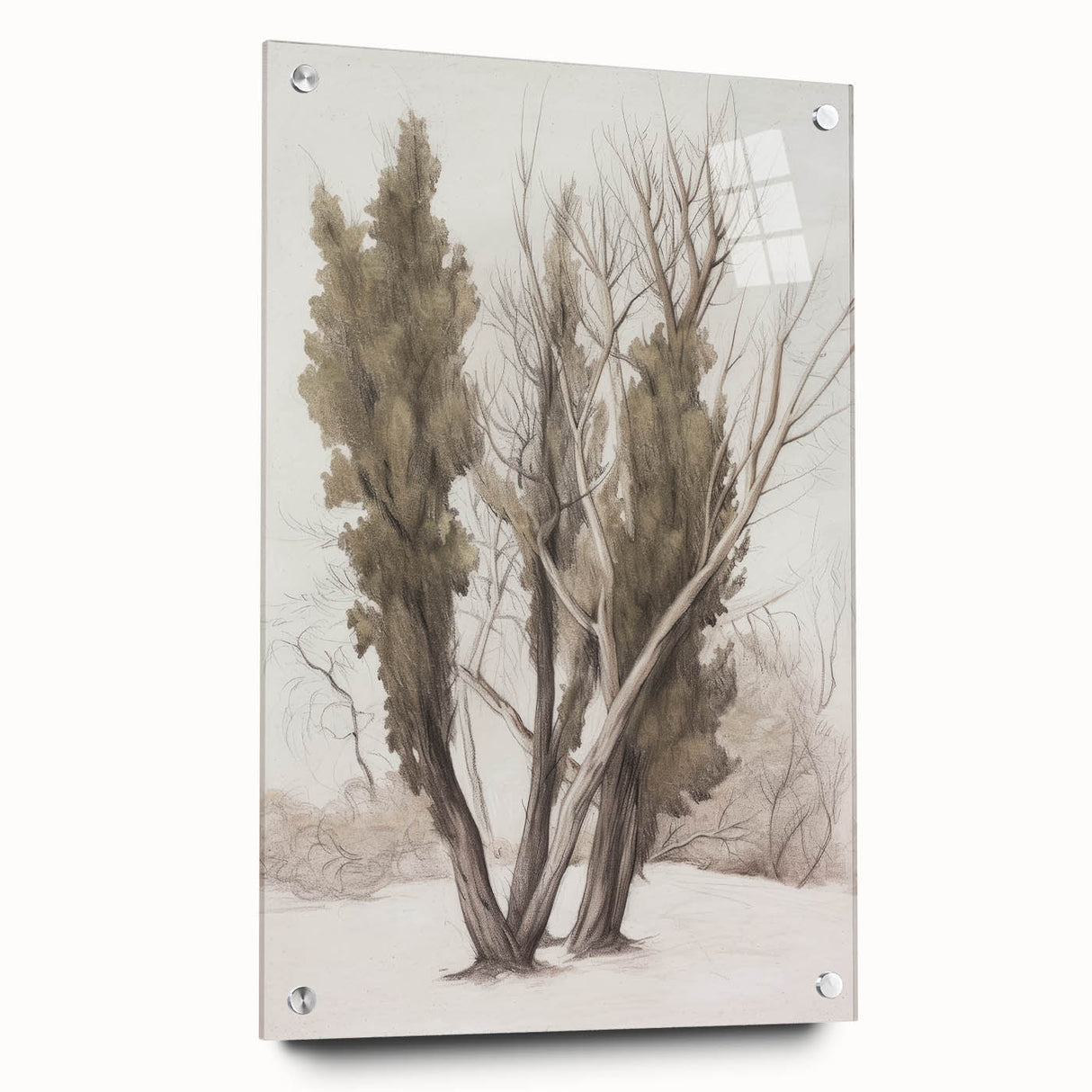 A side view of a landscape acrylic glass artwork showcasing vibrant colors and intricate details, pinned elegantly against a textured backdrop. This piece enhances any modern decor with its stunning visual appeal.