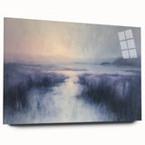 Acrylic landscape artwork showcasing a serene countryside view, featuring vibrant greens and blues, elegantly displayed in a glass frame, ideal for home decor.