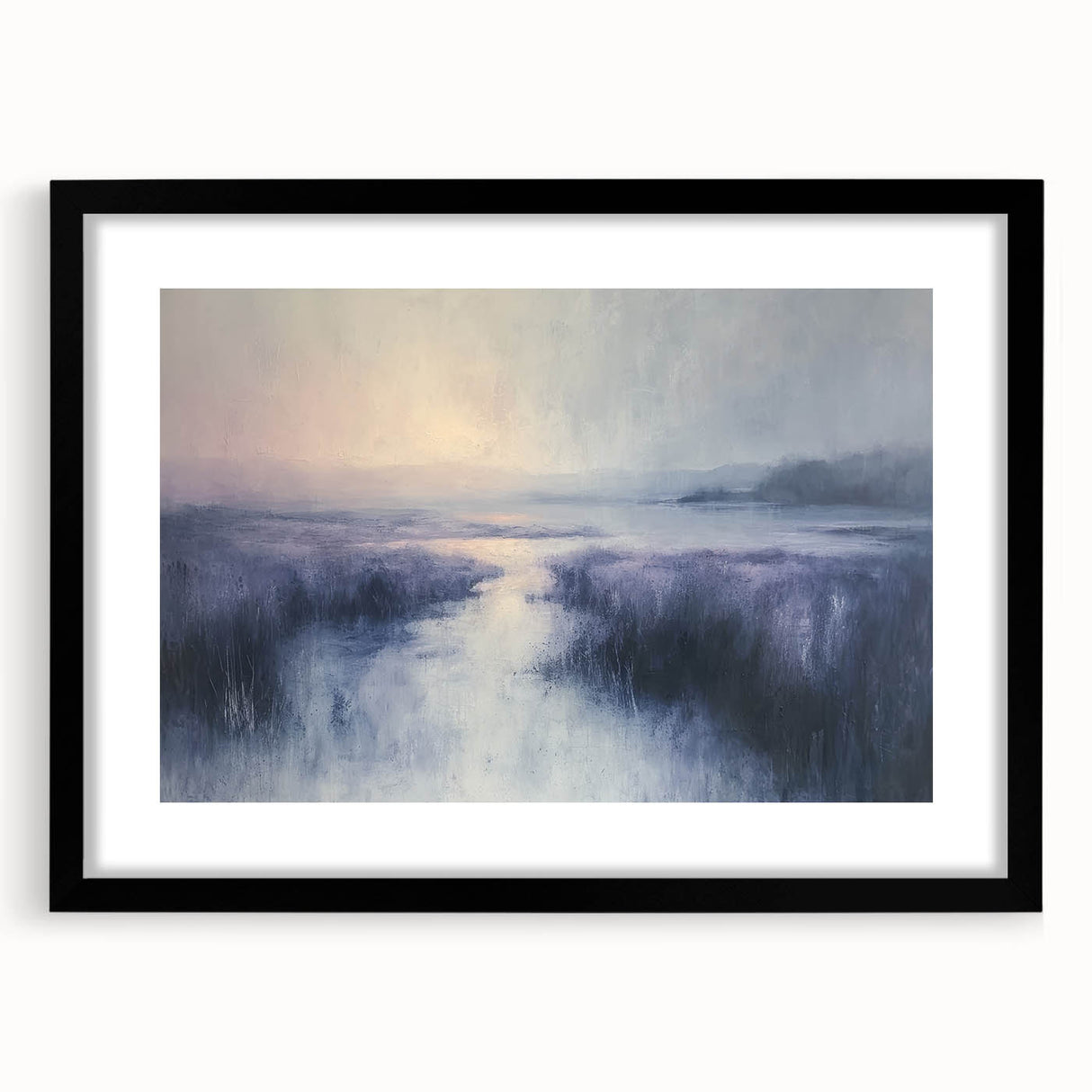Black-framed landscape artwork showcasing a serene countryside scene, featuring lush green fields and a vibrant blue sky, ideal for home decor.