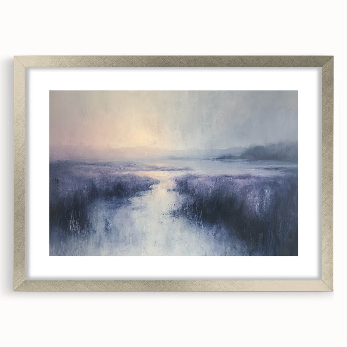 Silver-framed landscape artwork showcasing a serene countryside scene, elegantly matted for display. Ideal for home decor or office enhancement, adding a touch of nature.
