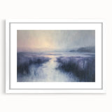 Framed countryside landscape artwork with a white mat, showcasing vibrant green fields under a clear blue sky, ideal for home decor and interior design.