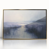 Framed acrylic artwork showcasing a serene countryside landscape with vibrant green fields and a golden frame, perfect for enhancing home decor.