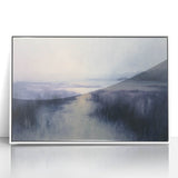 Framed acrylic landscape artwork depicting a serene countryside scene with rolling hills and lush greenery, elegantly displayed in a white frame, perfect for home decor.