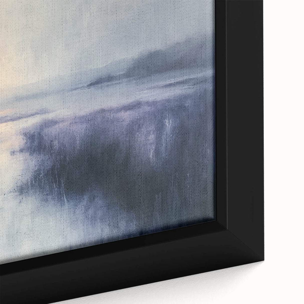 Close-up of a beautifully framed canvas depicting a serene countryside landscape, showcasing lush green fields, vibrant wildflowers, and a clear blue sky, perfect for home decor.