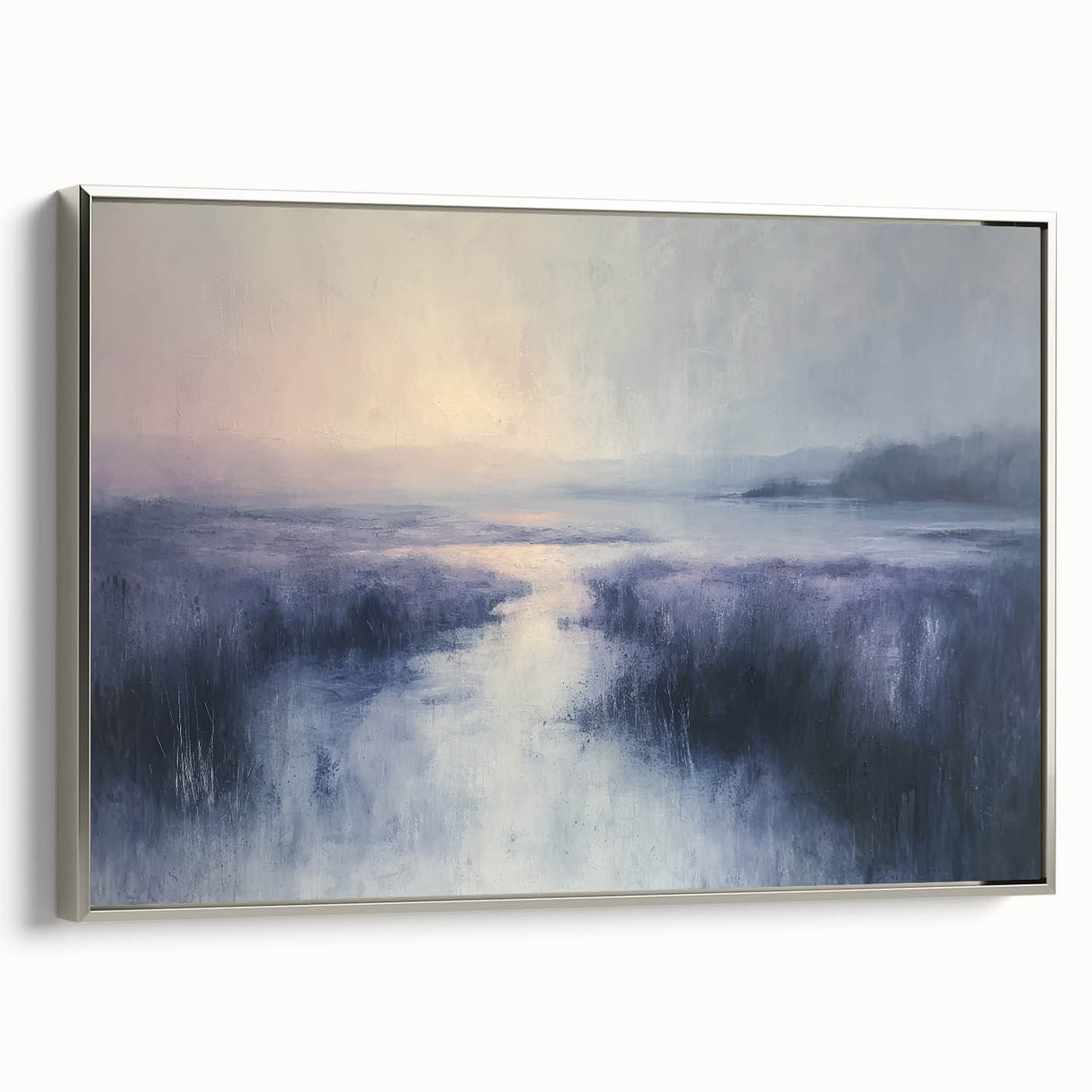 Framed canvas depicting serene countryside landscapes with vibrant green fields and rolling hills, elegantly bordered in silver, enhancing home decor aesthetics.