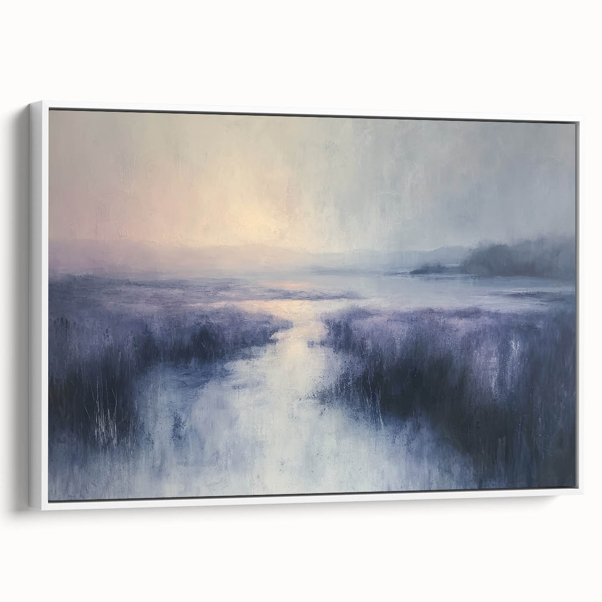 Framed canvas artwork depicting a serene countryside landscape with lush greenery and rolling hills, presented in a sleek white frame, perfect for home decor.