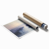 Rolled print showcasing a serene countryside landscape with lush green hills and a vibrant blue sky, expertly packaged in a protective cardboard tube for safe delivery.