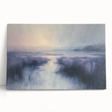 Stretched canvas artwork depicting a serene countryside landscape, showcasing rolling hills and vibrant greenery, perfect for home decor.