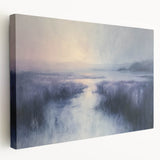 Stretched canvas artwork depicting a serene countryside landscape with rolling hills and a vibrant sunset, showcasing rich colors and detailed textures, perfect for home decor.