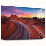 Side view of a desert landscape acrylic glass art piece, showcasing vibrant colors and intricate details, perfect for modern home decor or office spaces.