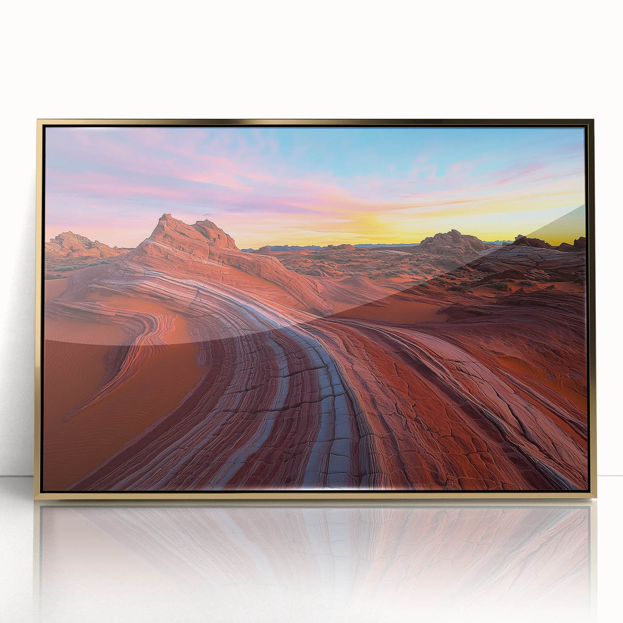 Framed acrylic artwork depicting a vibrant desert landscape with golden hues, showcasing dramatic mountains and a serene sky, ideal for home decor.