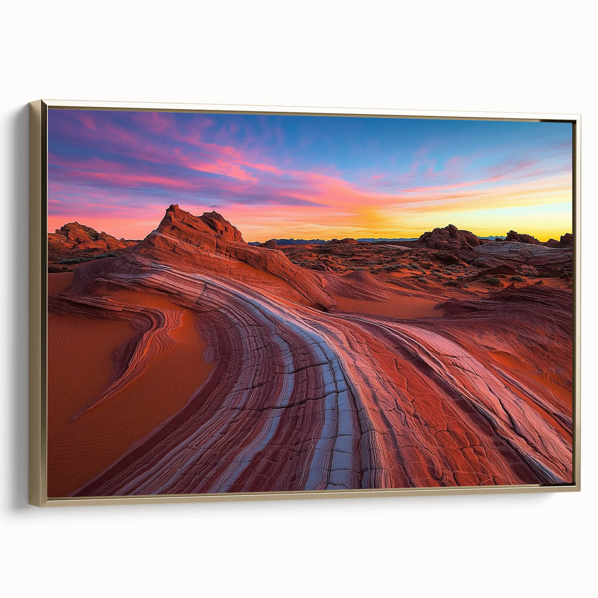 Framed canvas artwork depicting a vibrant desert landscape with golden accents, showcasing unique textures and colors, perfect for modern home decor.