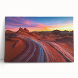 Vibrant desert landscape canvas print showcasing warm tones of orange and yellow hues, featuring cacti and rolling sand dunes, perfect for home decor.