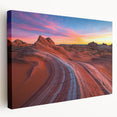 Stretched canvas artwork depicting a serene desert landscape, showcasing vibrant hues of orange and yellow against a deep blue sky, perfect for modern home décor.