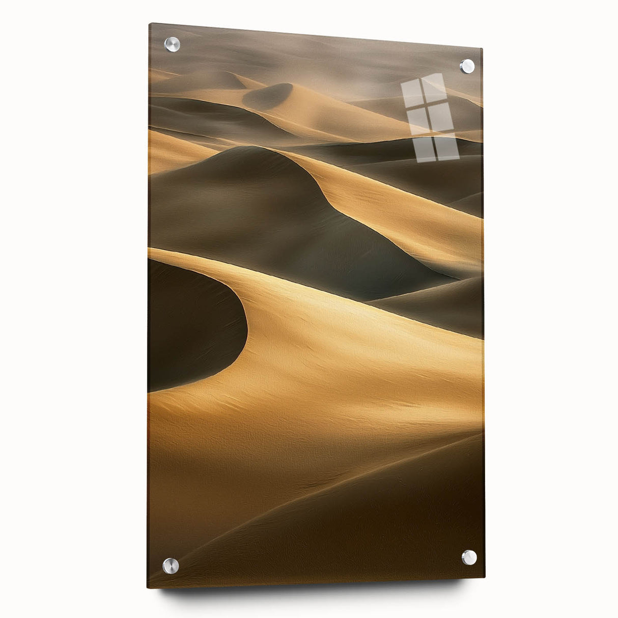 Acrylic glass artwork depicting expansive sand dunes in a vibrant landscape, showcasing rich golden hues and intricate textures, designed for modern decor.