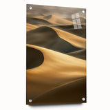 Acrylic glass artwork depicting expansive sand dunes in a vibrant landscape, showcasing rich golden hues and intricate textures, designed for modern decor.