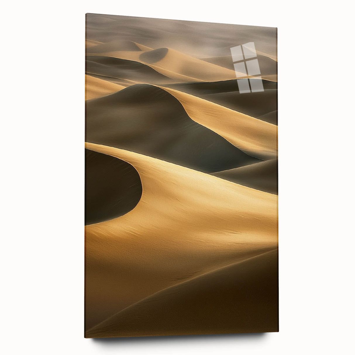Acrylic glass artwork depicting serene sand dunes landscape, showcasing smooth textures and earthy tones, perfect for modern home decor and interior design.
