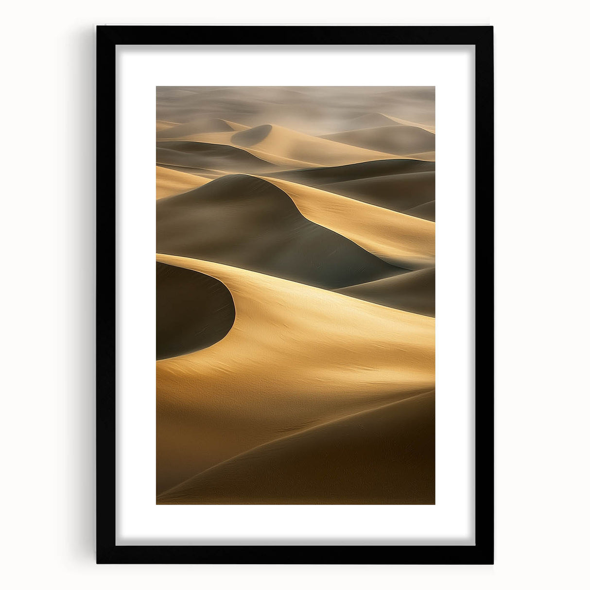 Framed landscape artwork showcasing serene sand dunes in soft beige and gold tones, accented by a sleek black mat and frame, perfect for modern home decor.