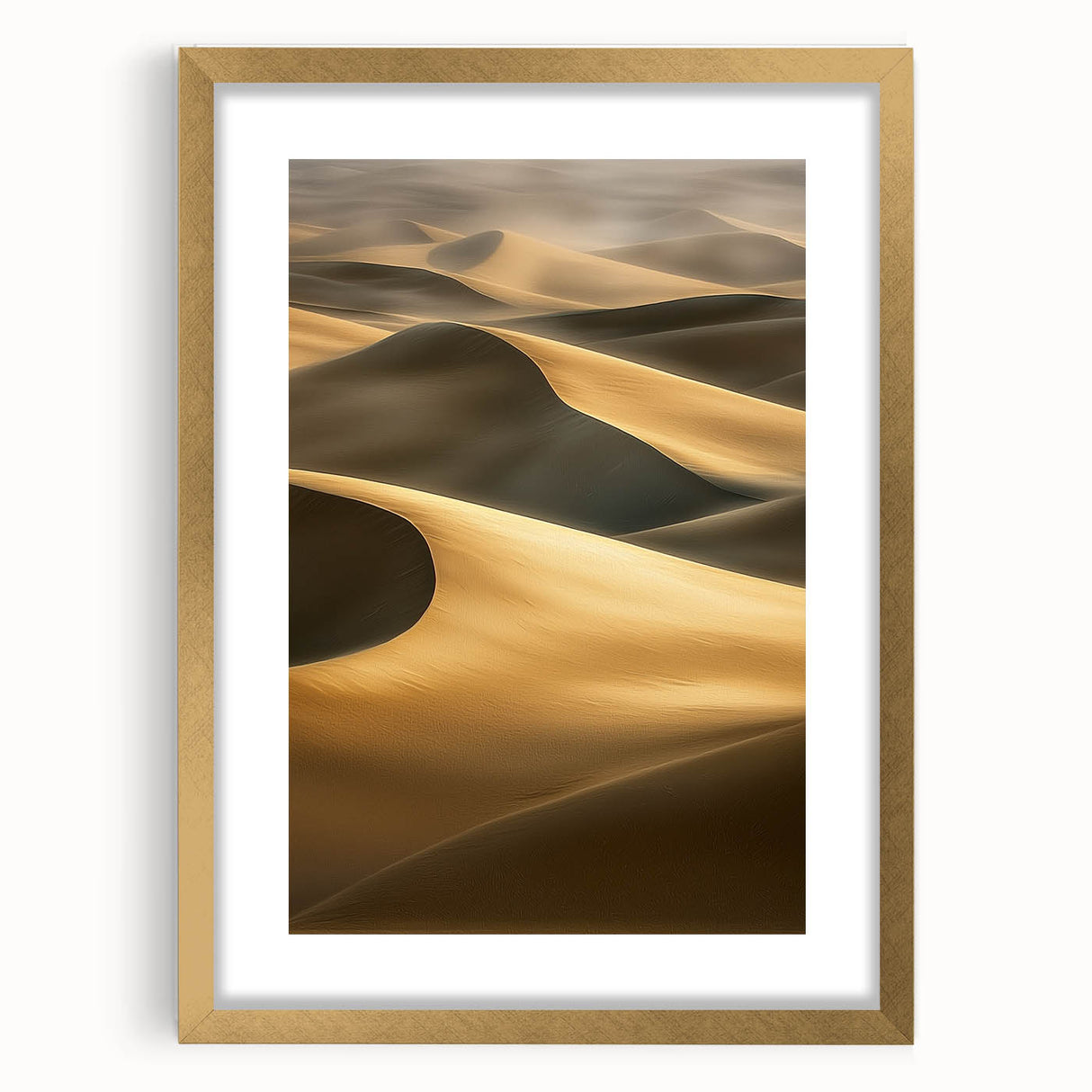 Framed landscape artwork depicting serene sand dunes, adorned with a gold mat, showcasing a front view that highlights its elegant design and warm tones, perfect for home decor.
