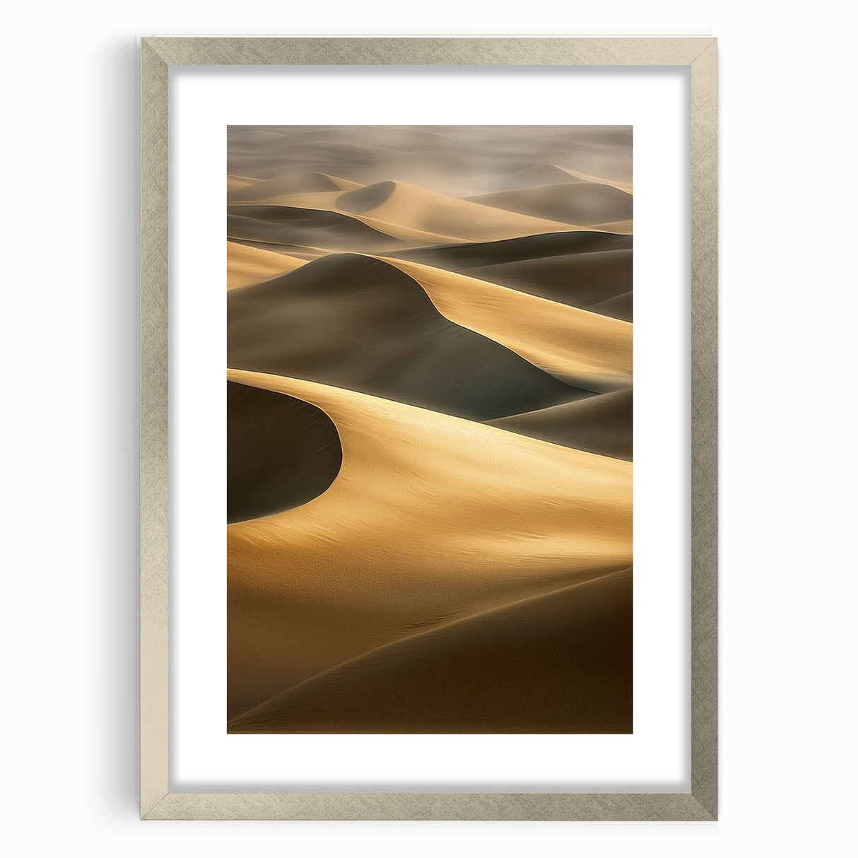 Framed landscape artwork showcasing serene sand dunes in soft beige and gold tones, elegantly matted and finished with a sleek silver frame, perfect for home decor.