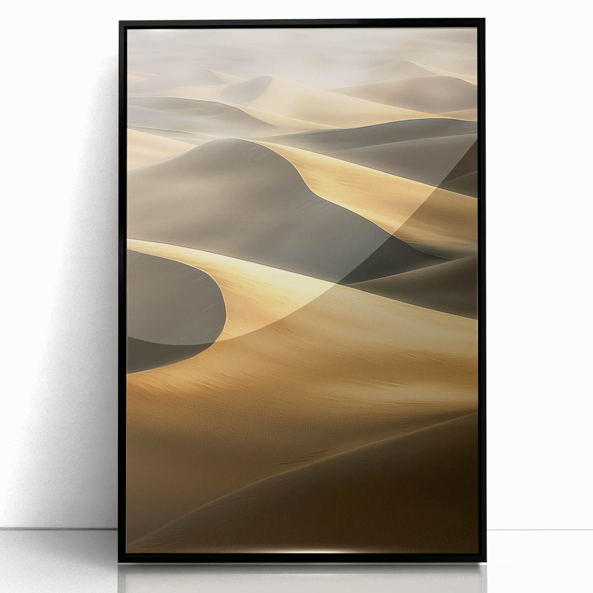 Framed acrylic artwork showcasing a stunning desert landscape with rolling dunes, presented in a sleek black frame, ideal for modern home decor enthusiasts.
