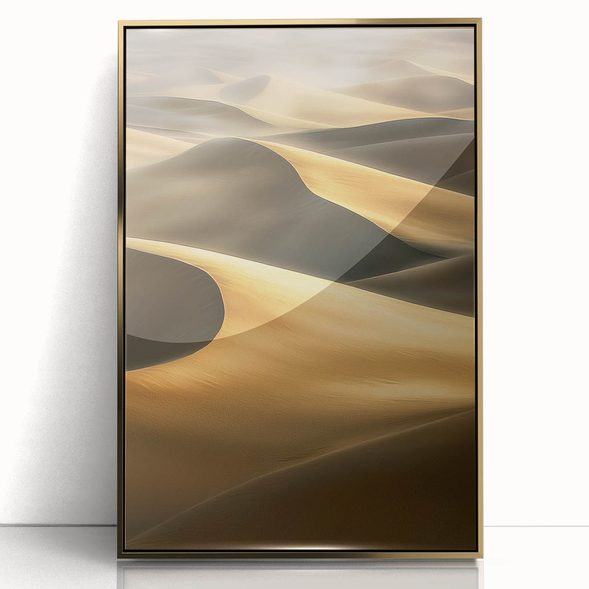 Framed acrylic artwork showcasing a stunning landscape of golden dunes, highlighted by a sleek gold frame, ideal for modern home decor and art enthusiasts.