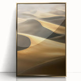 Framed acrylic artwork showcasing a stunning landscape of golden dunes, highlighted by a sleek gold frame, ideal for modern home decor and art enthusiasts.