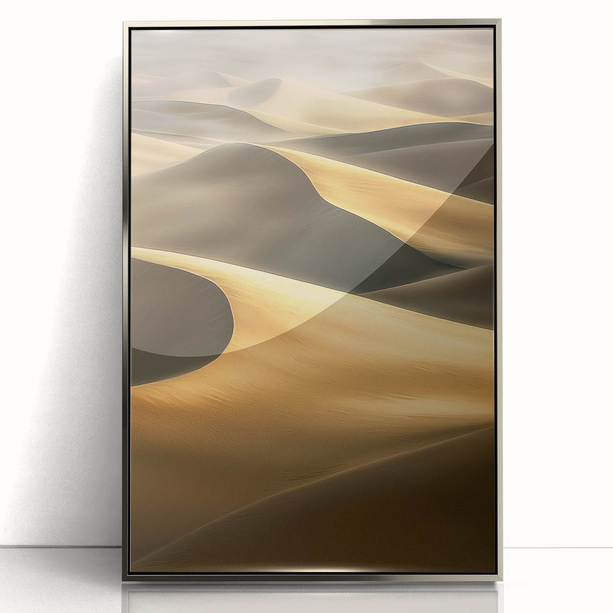 Framed acrylic artwork showcasing a stunning desert landscape with golden dunes under a bright blue sky, designed to enhance modern home decor.