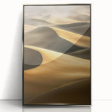 Framed acrylic artwork showcasing a stunning desert landscape with golden dunes under a bright blue sky, designed to enhance modern home decor.