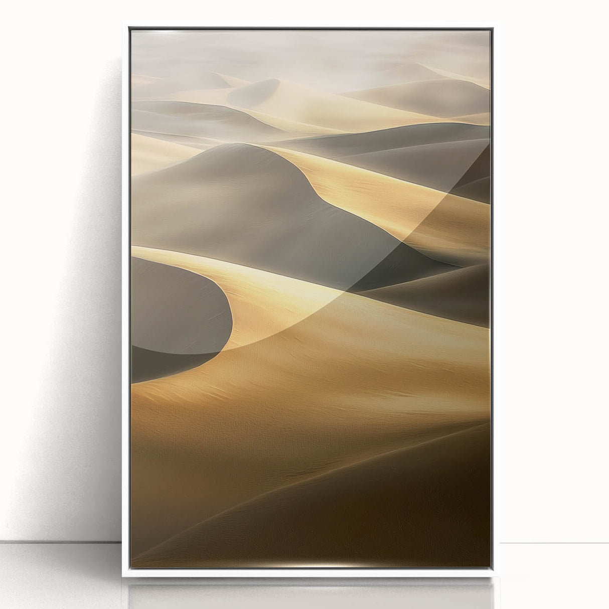 Framed acrylic artwork showcasing serene desert dunes landscape in soft beige and golden hues, ideal for contemporary home decor. Perfect for adding a touch of tranquility to any space.