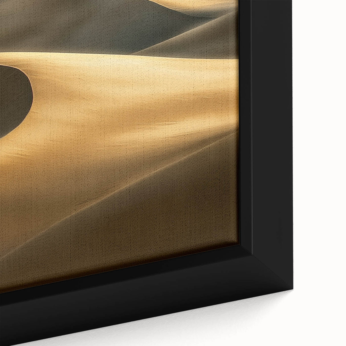 Close-up of a framed canvas print showcasing intricate desert dunes in warm beige and golden hues, highlighting texture and depth, perfect for home decor.