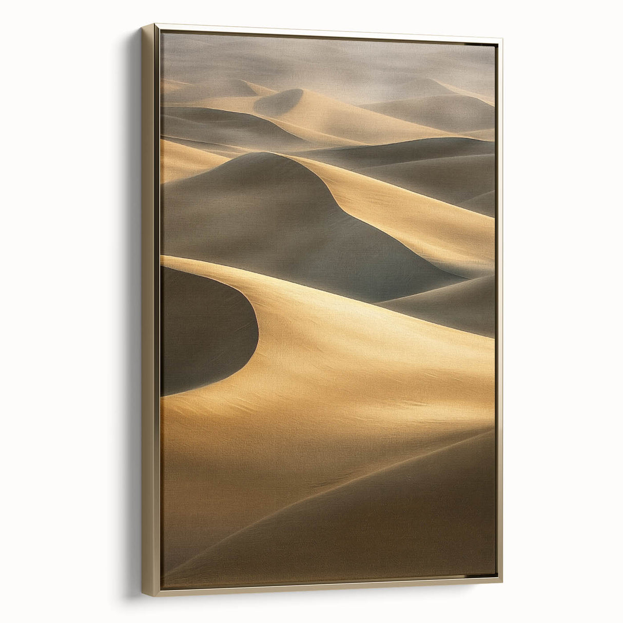 Framed canvas artwork showcasing a serene desert landscape with golden dunes, designed for elegant home decor, highlighting rich colors and textures.