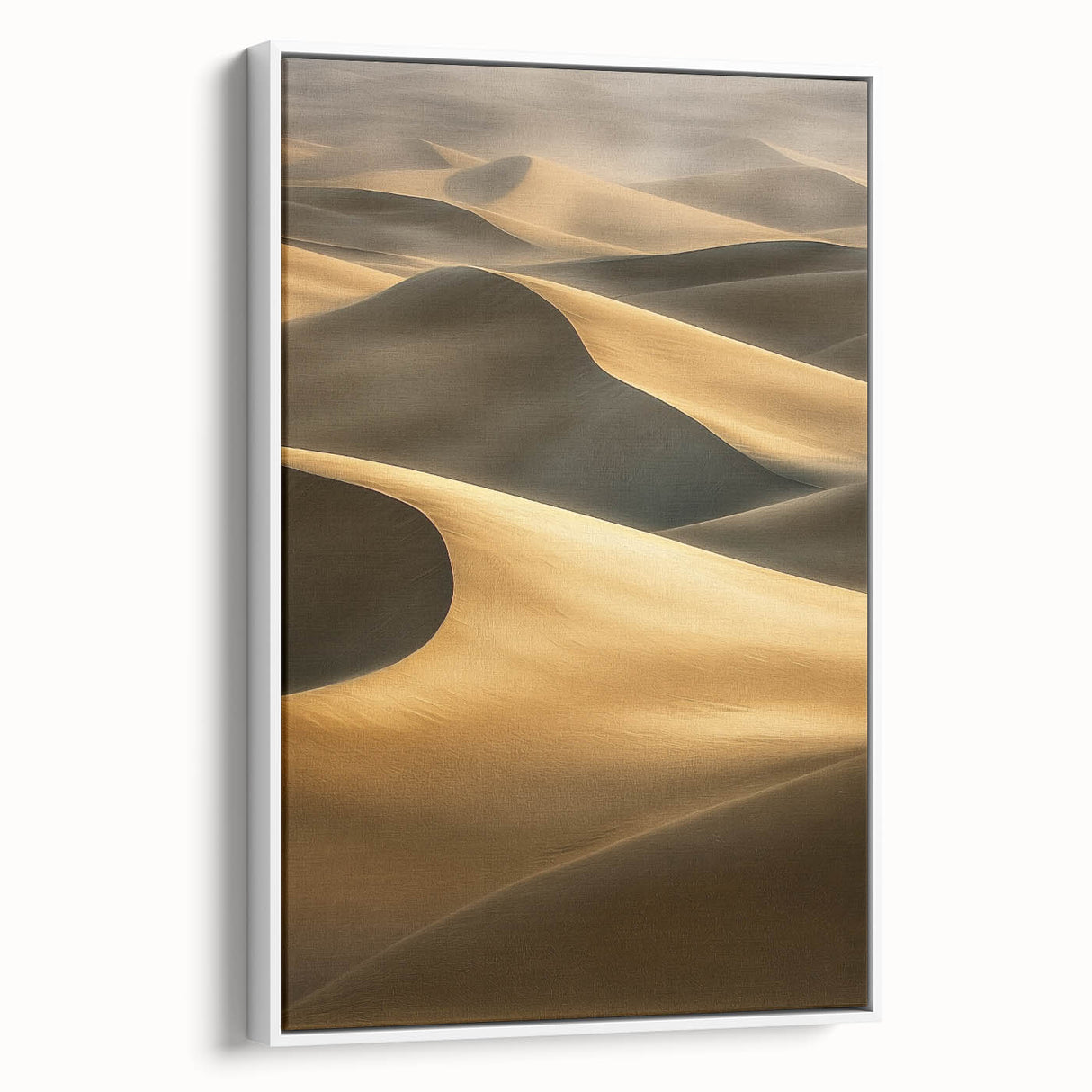 Framed canvas artwork showcasing a stunning desert landscape with golden dunes under a blue sky, elegantly displayed in a white frame, perfect for home decor.