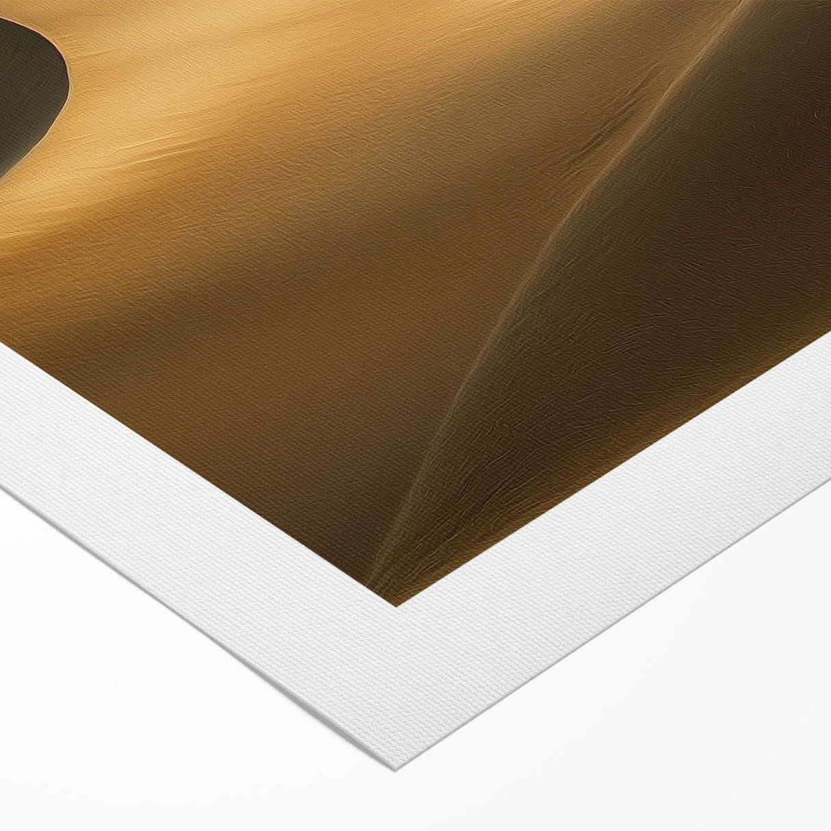 Stunning rolled canvas artwork depicting a serene desert landscape with golden dunes under a vibrant sunset, elegantly packaged for safe delivery.