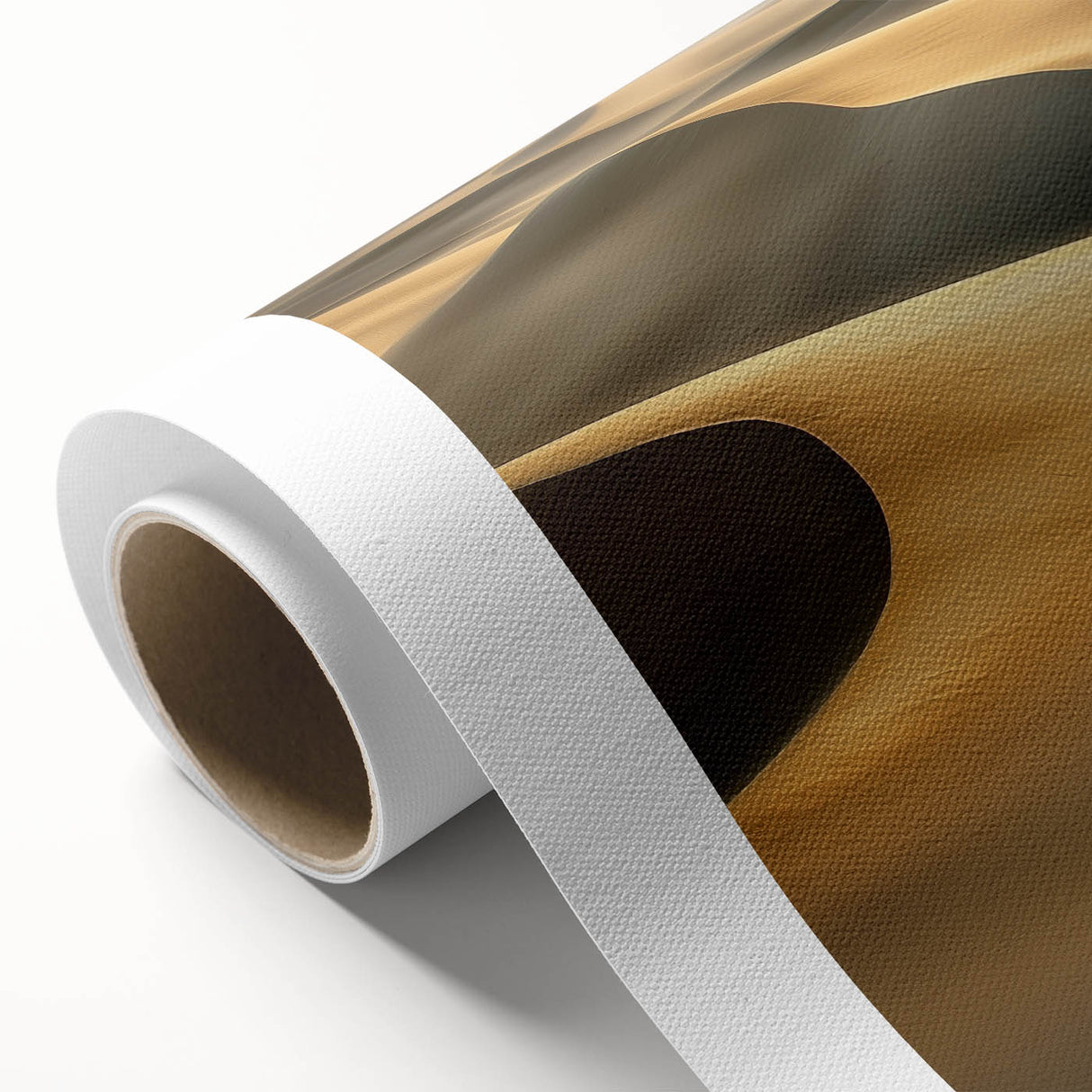 Rolled canvas artwork showcasing a serene desert landscape with soft dunes in warm tones, designed for home decor. Perfect for adding a calming touch to any space.