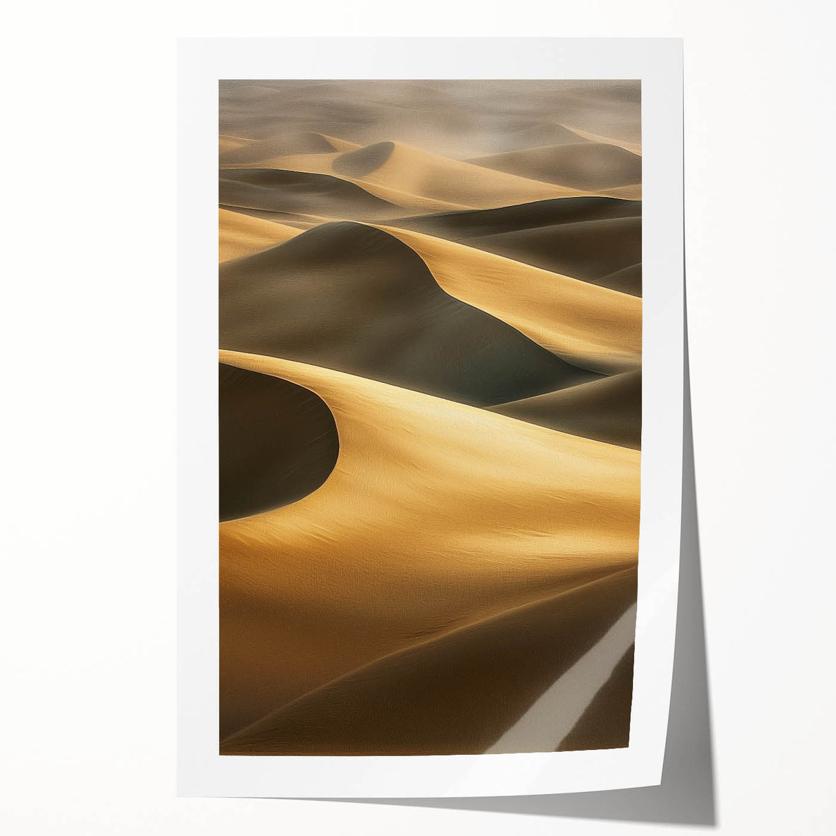 Desert landscape print showcasing soft golden dunes under a vibrant blue sky, rolled and ready for display, perfect for modern home decor enhancement.