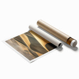 Desert landscape rolled canvas print showcasing vibrant golden dunes under a bright blue sky, elegantly packaged in a protective cardboard tube for safe delivery.