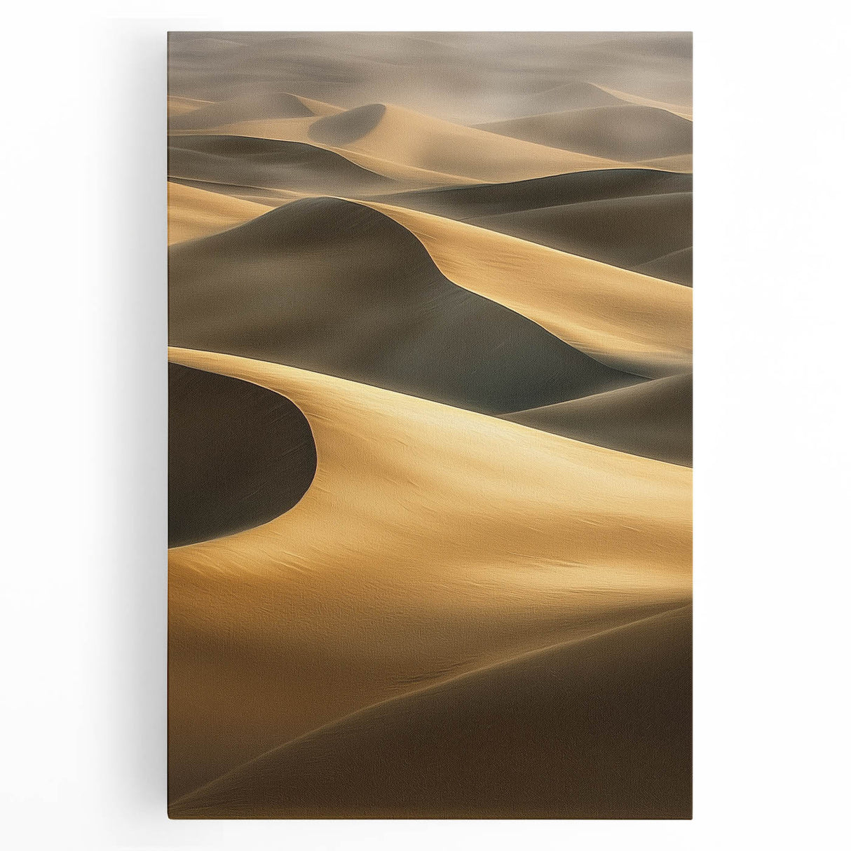 Stretched canvas artwork showcasing a serene landscape of rolling sand dunes under a clear blue sky, perfect for adding tranquility to home decor.