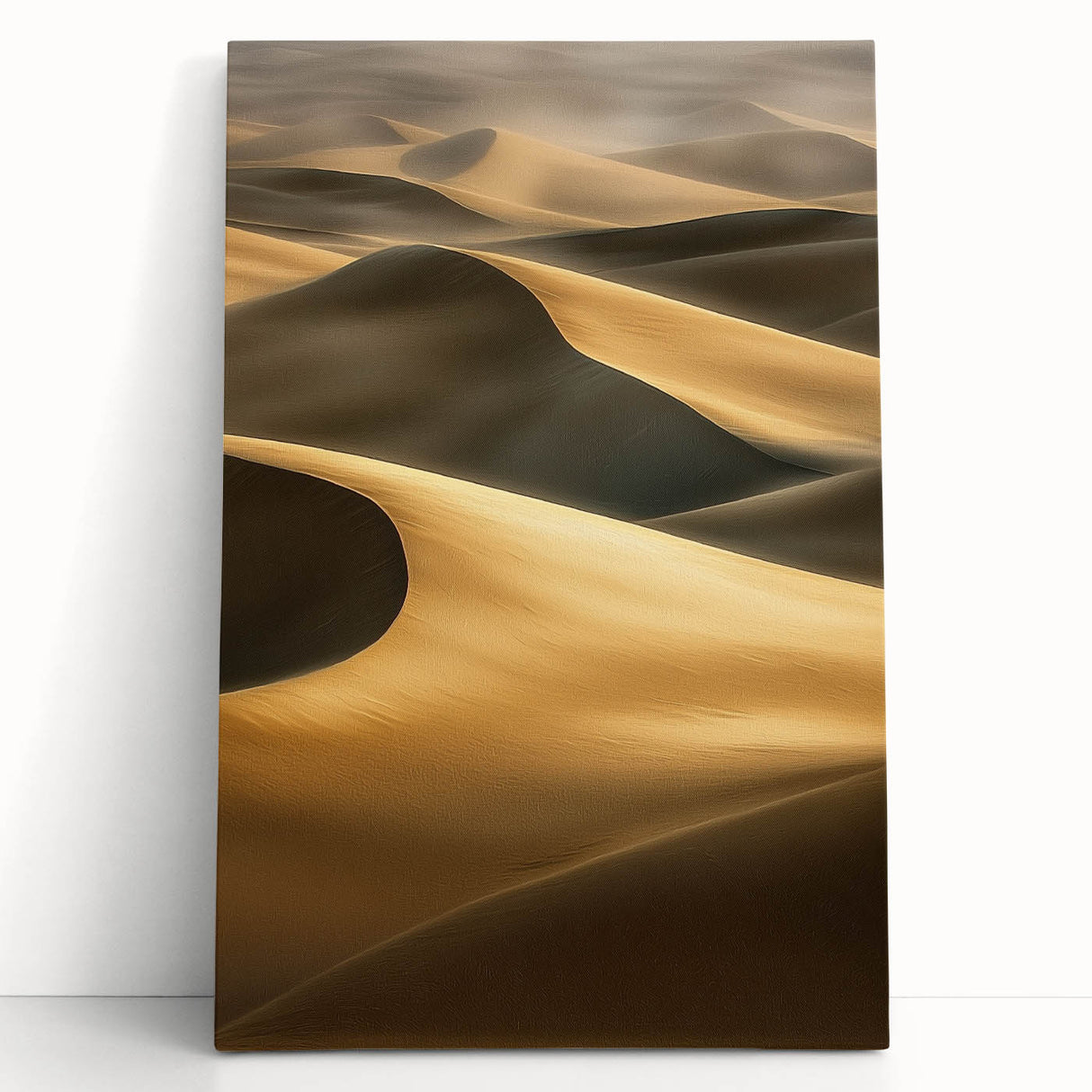 Stretched canvas artwork depicting serene desert dunes in warm beige and golden hues, perfect for modern home decor or office spaces, adding a calming touch.