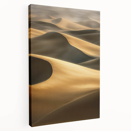 Stretched canvas artwork depicting serene sand dunes at sunset, showcasing warm colors and intricate textures, perfect for enhancing modern home decor.