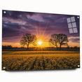 Acrylic glass landscape art featuring vibrant green fields and a serene sky, displayed with decorative pins against a neutral background, ideal for modern home decor.