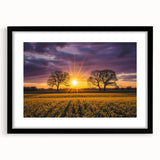 Black-framed landscape artwork featuring vibrant fields and a mat border, ideal for home decor. Perfect for adding color and sophistication to any room.