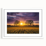 Framed landscape artwork depicting vibrant green fields under a clear blue sky, featuring a white mat, designed to enhance any home decor setting.