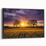 Framed canvas art showcasing a vibrant landscape with lush green fields and a blue sky, elegantly displayed with a black frame, ideal for home décor.